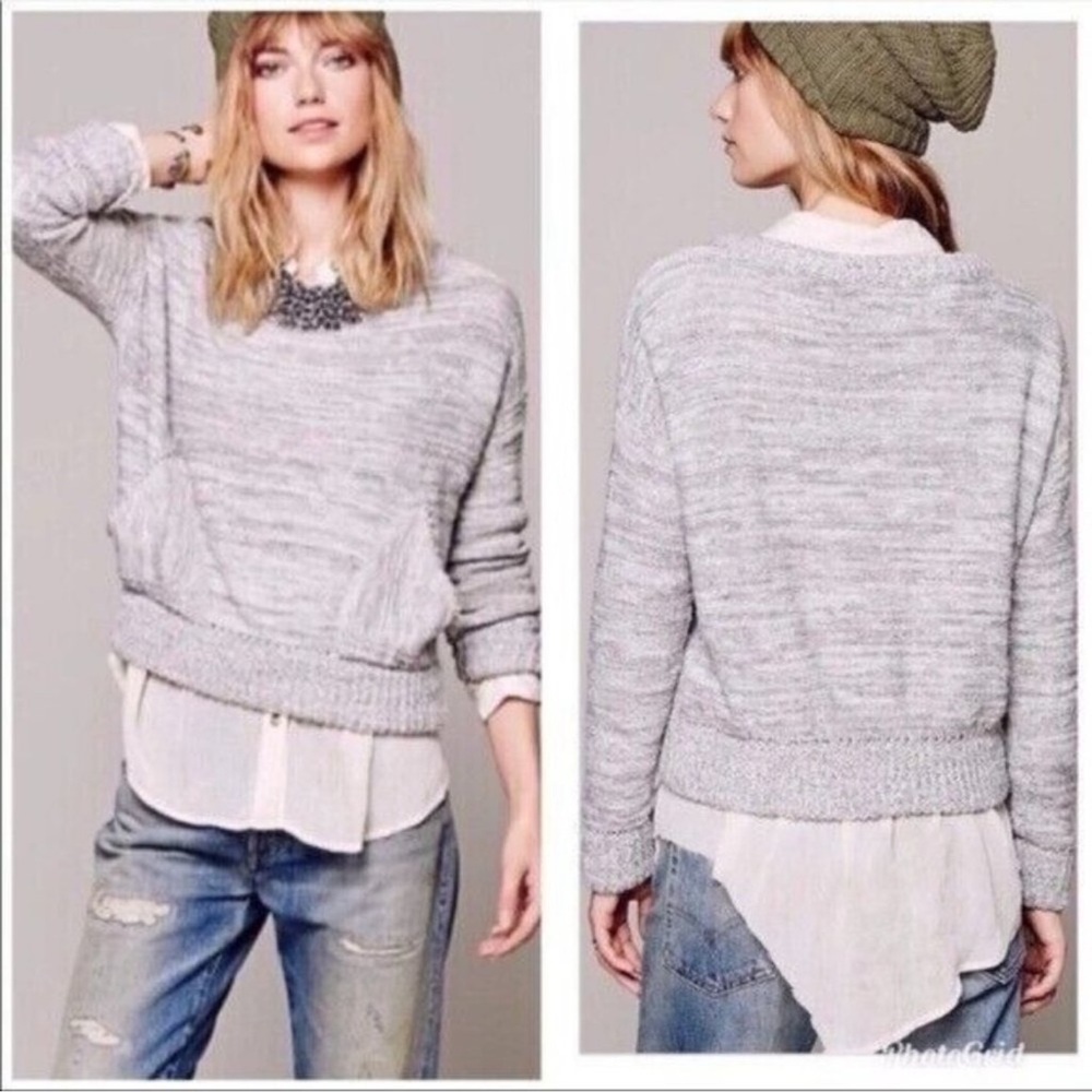 Free People In My Pocket Oversized Cropped Knit Sweater-Marled Gray-Women Medium